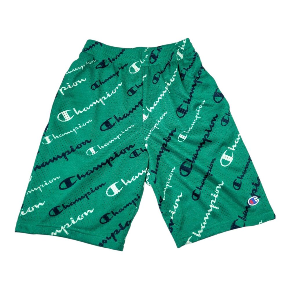 Boy's L Champion Authentic Athleticwear Green Mesh Logo Shorts with Side Pockets
